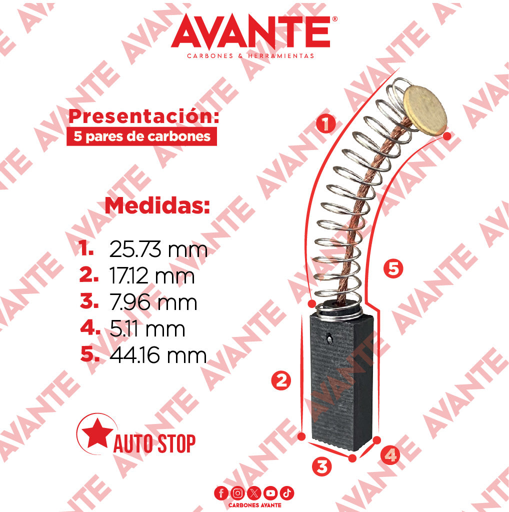 Carbones Avante  Rotomartillo BOSCH Y BLACK & DECKER (CAP-82) - Paquete 5 Pares