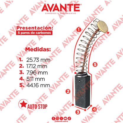 Carbones Avante  Rotomartillo BOSCH Y BLACK & DECKER (CAP-82) - Paquete 5 Pares