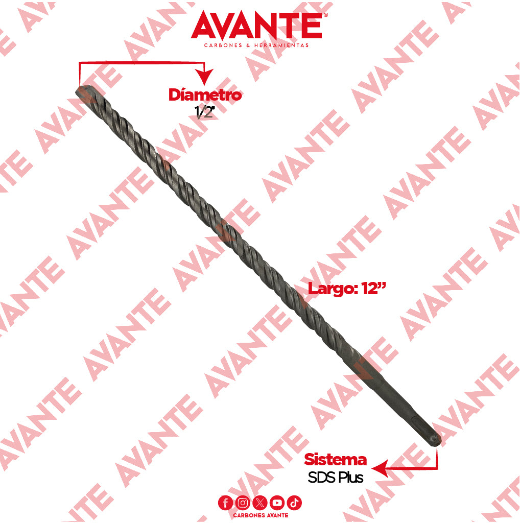 Broca Avante Profesional SDS Plus Para Concreto 1/2" x 12" - 1 Pieza