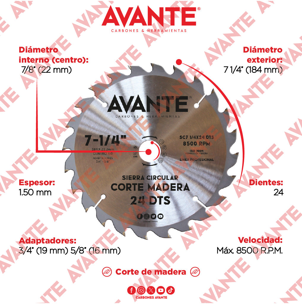 Sierra Circular Avante Para Madera 7-1/4" 24 Dientes (Carburo de Tungsteno) - 1 Pieza