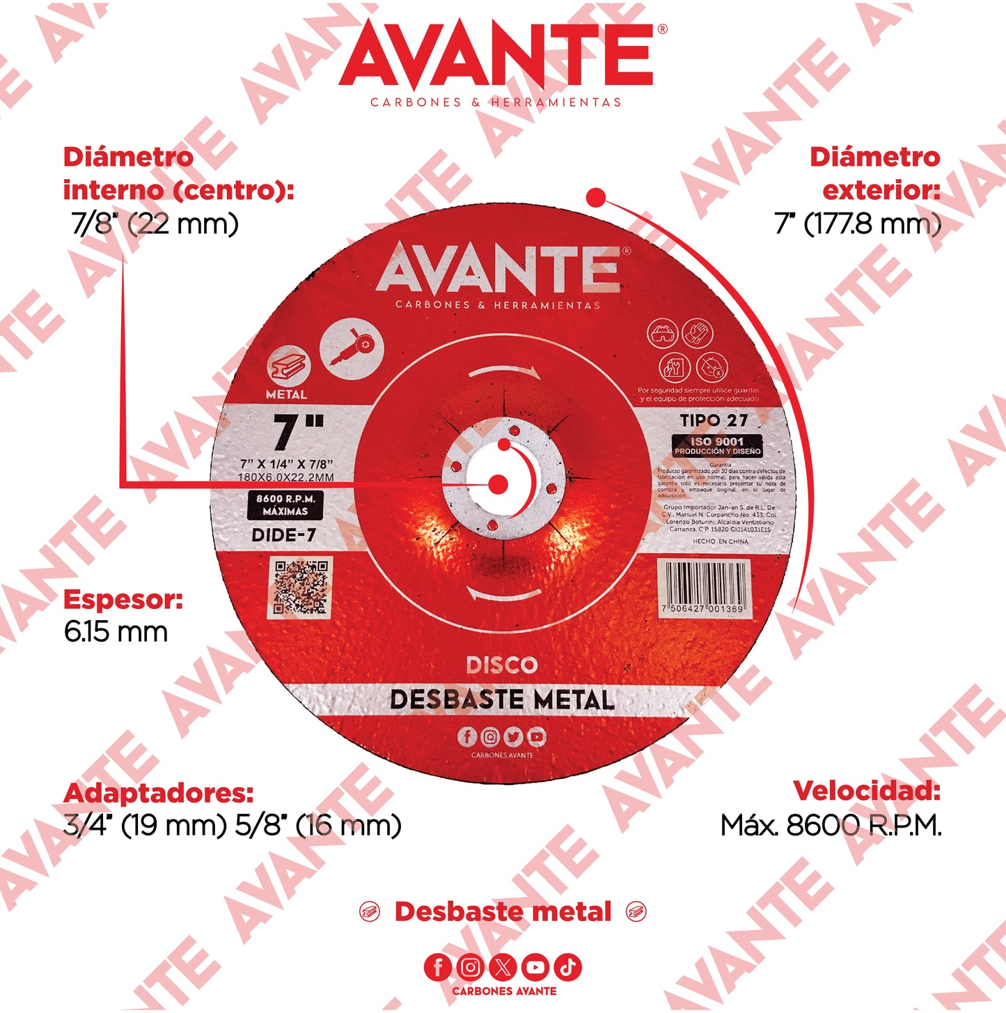Disco Avante Desbaste de Metal Tipo 27 7" Centro 7/8" (8600 RPM) - 1 Pieza