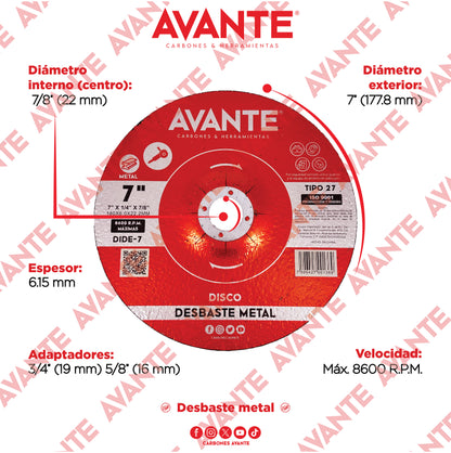 Disco Avante Desbaste de Metal Tipo 27 7" Centro 7/8" (8600 RPM) - 1 Pieza