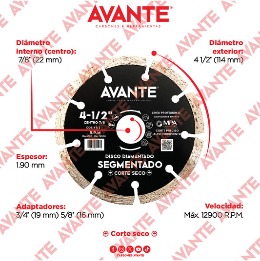Disco Diamantado Avante Segmentado 4-1/2" Corte Seco (13000 RPM) - 1 Pieza