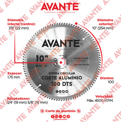 Sierra Circular Avante Corte de Aluminio 10" 100 Dientes (4500 RPM) - 1 Pieza