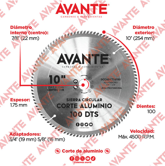 Sierra Circular Avante Corte de Aluminio 10" 100 Dientes (4500 RPM) - 1 Pieza