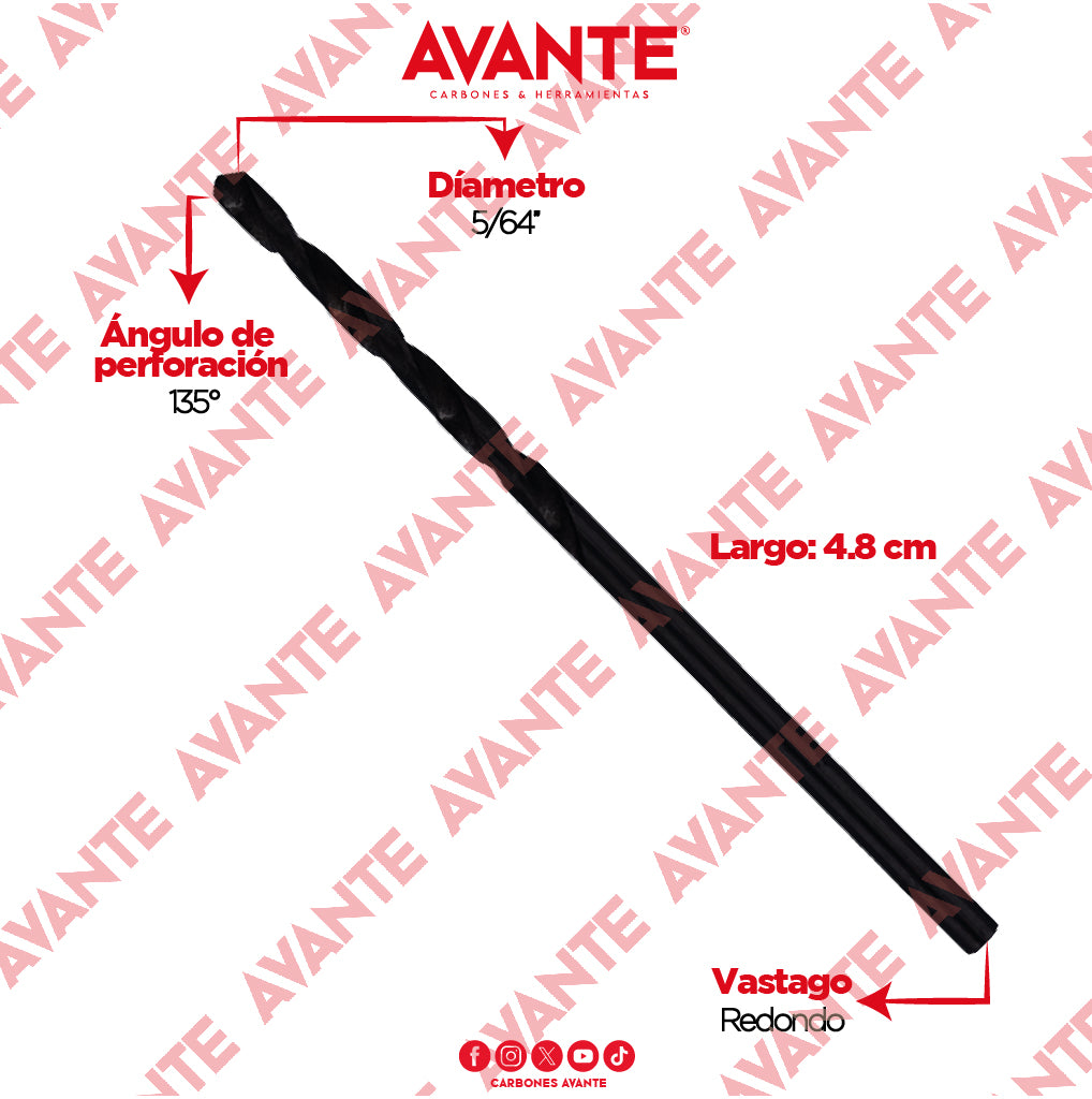 Broca Avante Alta Velocidad Acero M2 HSS 5/64" - Paquete 10 Piezas