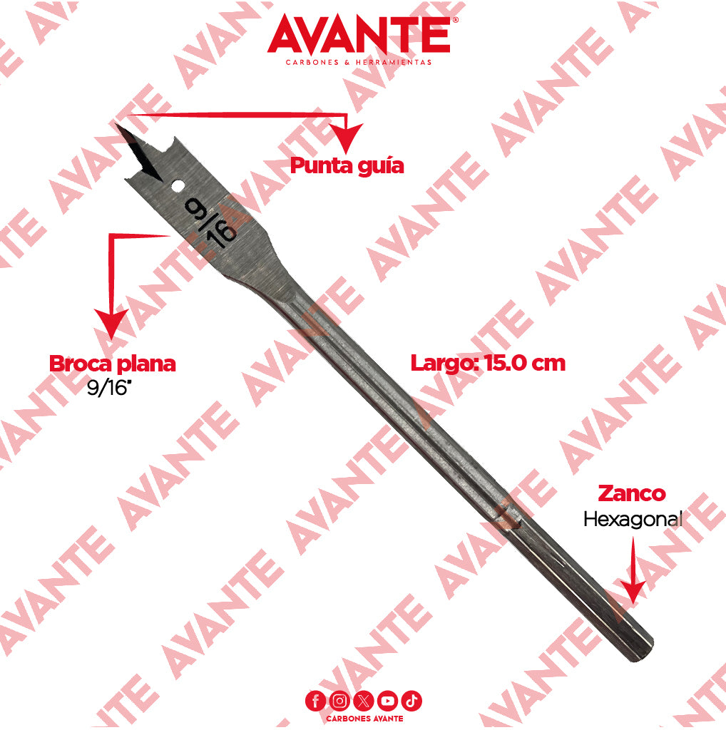 Broca Plana Avante Para Madera 9/16" Vástago Hexagonal - 1 Pieza