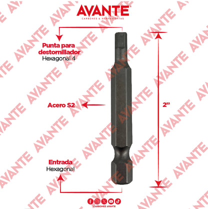 Puntas Magnéticas Avante Destornillador Hexagonal 4 Acero S2 - Paquete 10 Piezas