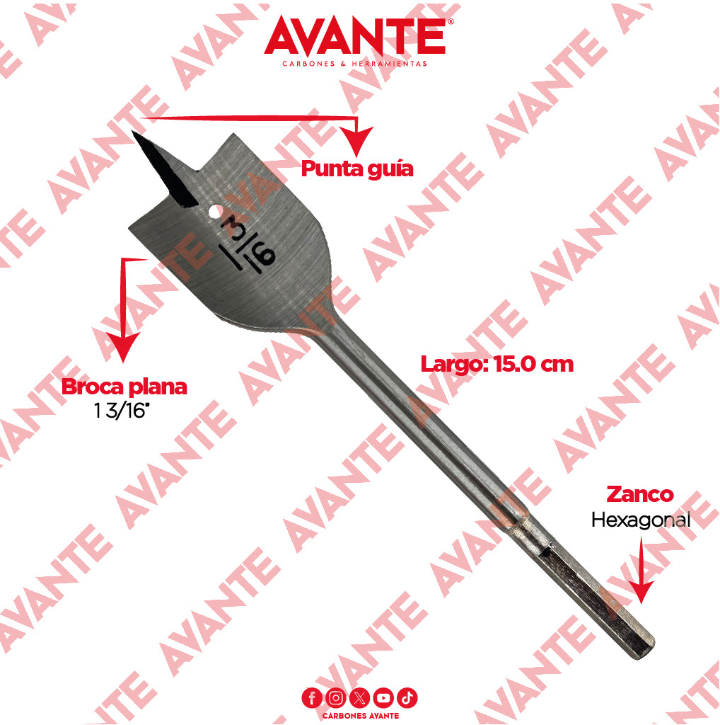 Broca Plana Avante Para Madera 1- 3/16" Vástago Hexagonal - 1 Pieza