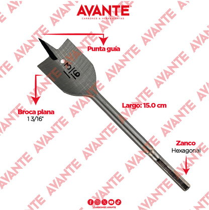 Broca Plana Avante Para Madera 1- 3/16" Vástago Hexagonal - 1 Pieza