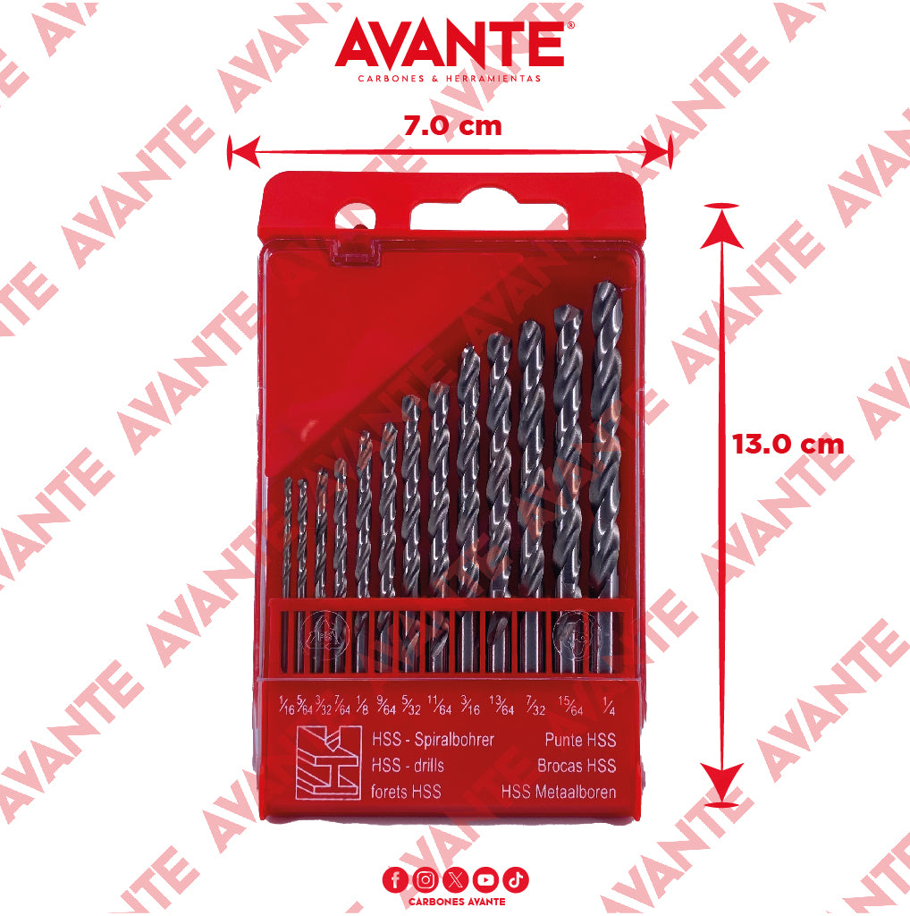 Paquete de Brocas Avante Alta Velocidad Acero M2 HSS (1/16" a 1/4") - 13 Piezas