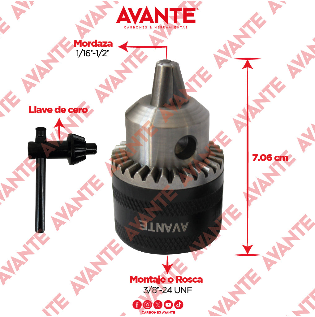 Broquero Profesional Avante Con Llave 1/2" x 3/8"-24 UNF (1.6-13mm) - 1 Pieza