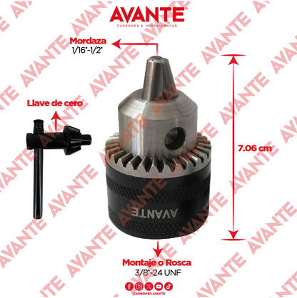 Broquero Profesional Avante Con Llave 1/2" x 3/8"-24 UNF (1.6-13mm) - 1 Pieza