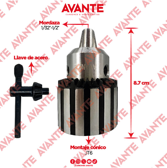 Broquero Avante Cónico Uso Rudo Industrial 1/2" (1.0-13mm) Cono JT6 - 1 Pieza