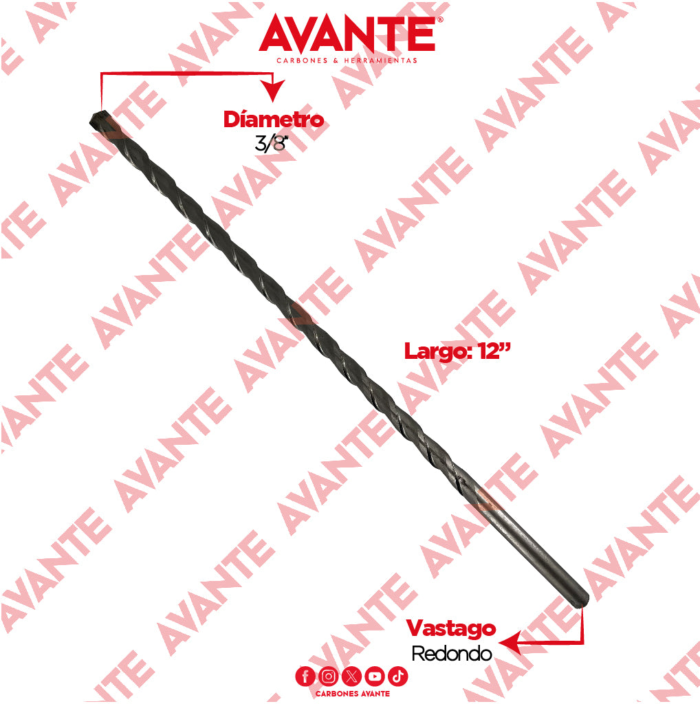 Broca Avante Para Concreto Larga 3/8" x 12" Vástago P3 - 1 Pieza