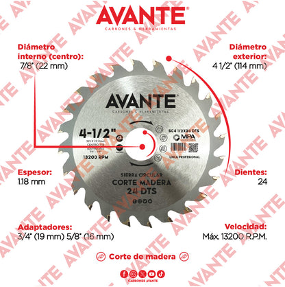 Sierra Circular Avante Para Madera 4-1/2" 24 Dientes (Carburo de Tungsteno) - 1 Pieza