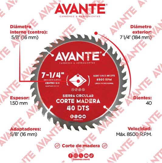 Sierra Circular Avante Corte Madera Centro Rombo 7-1/4" 40 Dientes - 1 Pieza