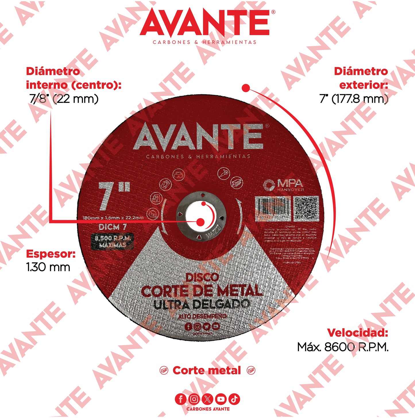 Disco Avante Ultra Delgado de Corte Para Metal 7"x 2.5mm (8600 RPM) - 1 Pieza