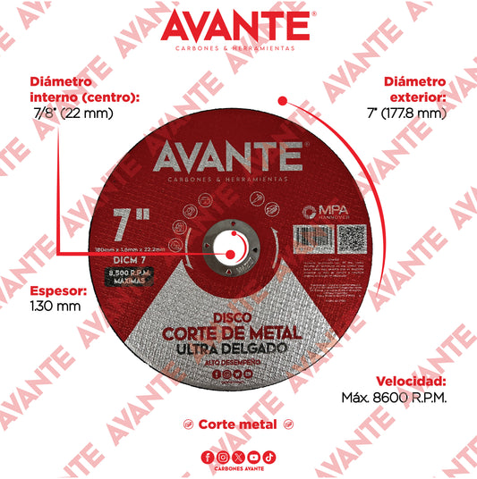 Disco Avante Ultra Delgado de Corte Para Metal 7"x 2.5mm (8600 RPM) - 1 Pieza