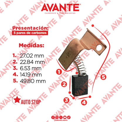 Carbones Avante Para Taladro Electromagnético MILWAUKEE (CAP-43) - Paquete 5 Pares