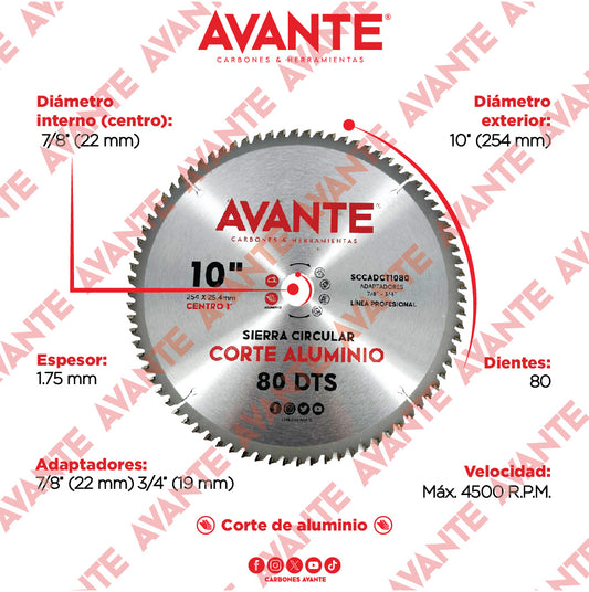Sierra Circular Avante Corte de Aluminio 10" 80 Dientes (4500 RPM) - 1 Pieza