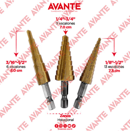Juego De Brocas Escalonadas Avante Acero M2 HSS Recubrimiento Titanio - 3 Piezas