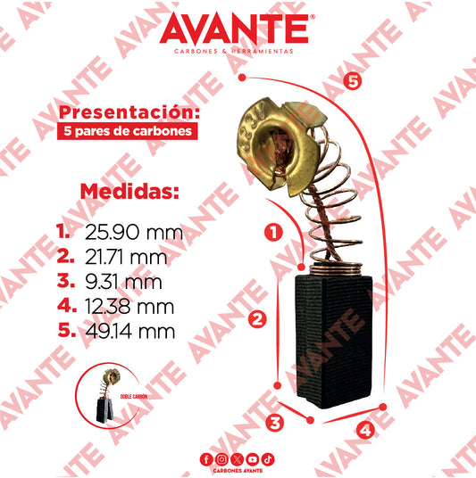 Carbones Avante Para Esmeriladora Jaguar BLACK & DECKER Doble (CAP-11) - Paquete 5 Pares
