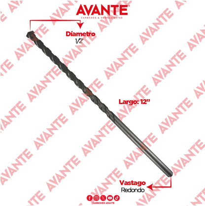 Broca Avante Para Concreto Larga 1/2" x 12" Vástago P3 -1 Pieza