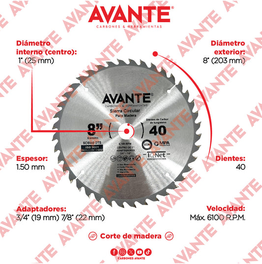 Sierra Circular Avante Para Madera 8" 40 Dientes (Carburo de Tungsteno) - 1 Pieza