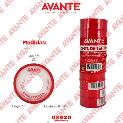 Cinta Avante De Teflón (PTFE) 1/2" x 7m - Paquete de 10 Piezas