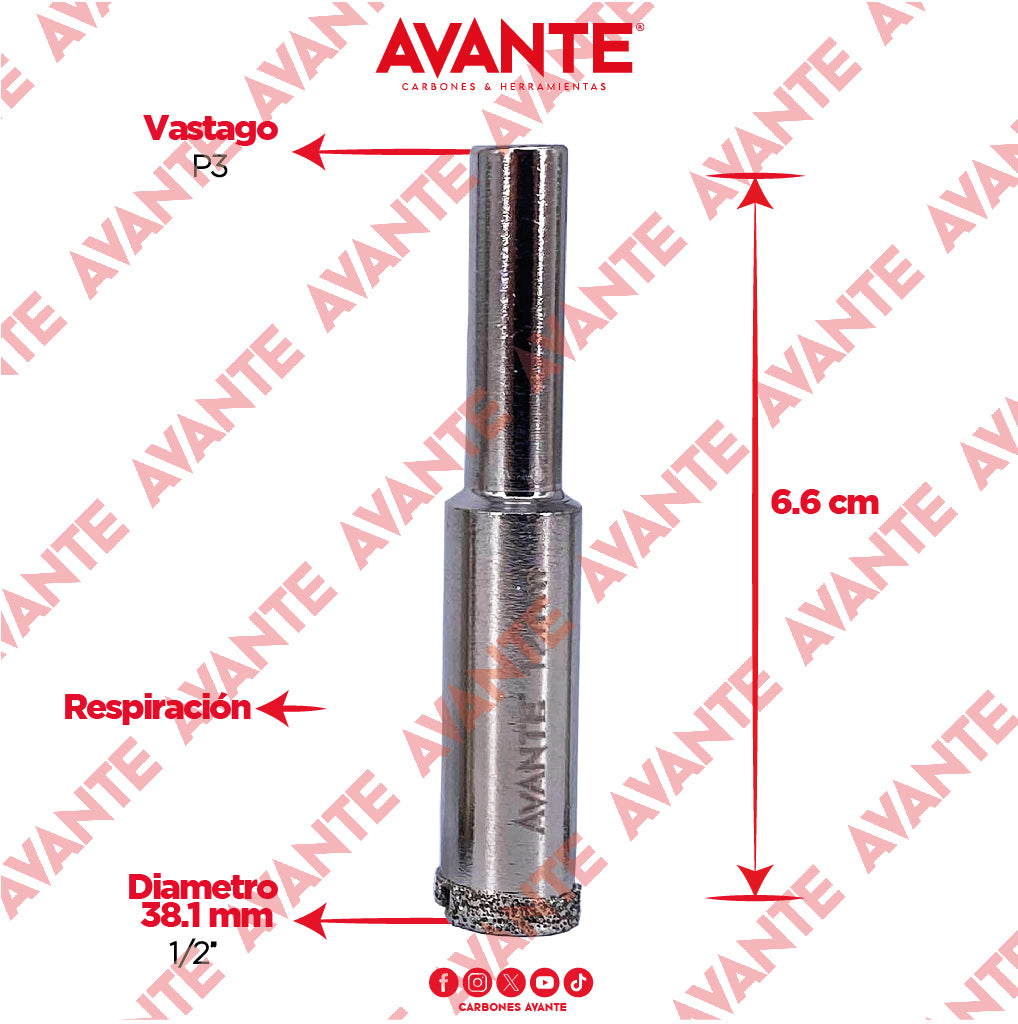 Broca Diamantada Avante 1/2" Con Vástago Redondo 1/4" - 1 Pieza
