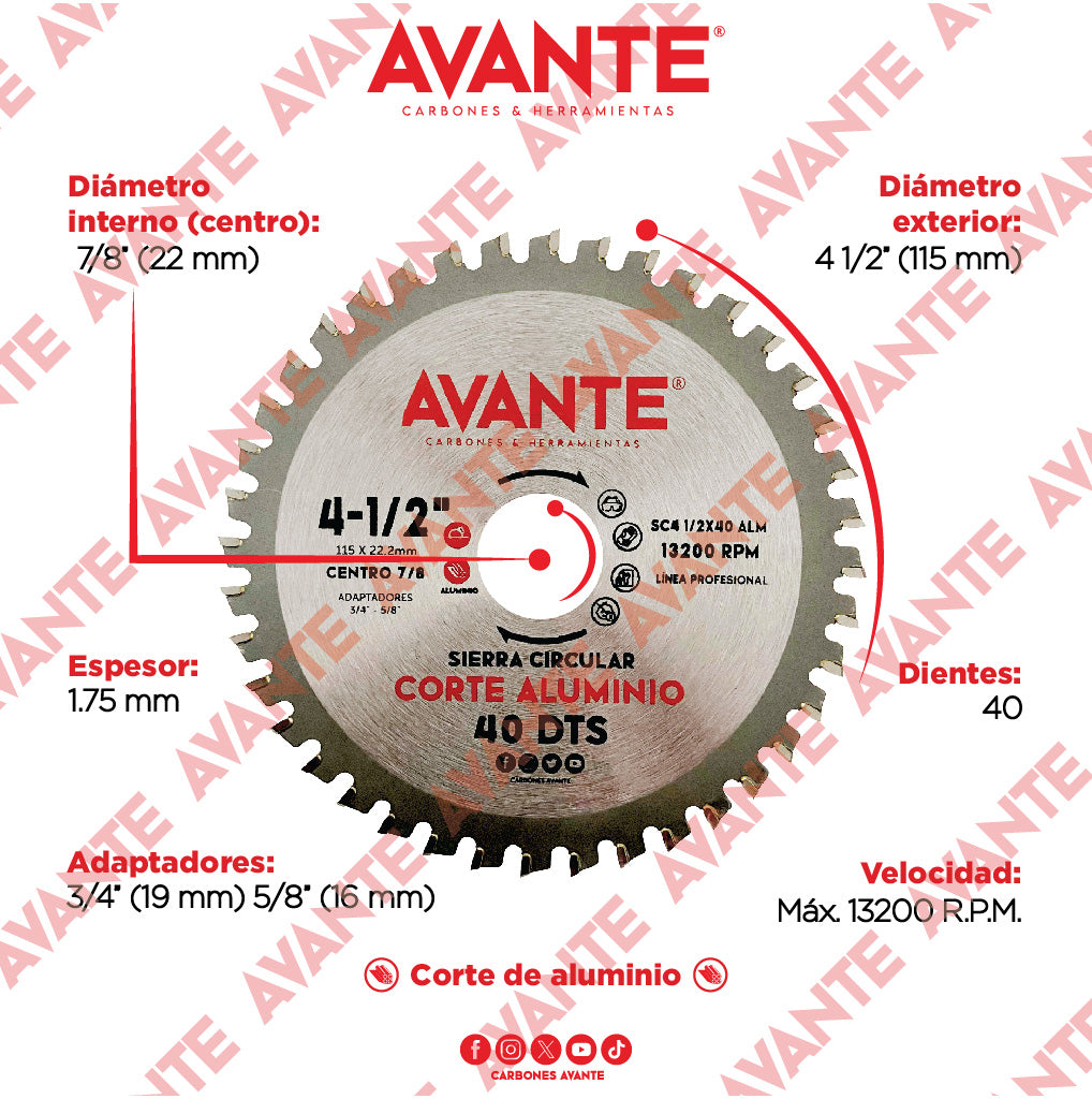 Sierra Circular Avante Corte de Aluminio 4-1/2" 40 Dientes (13200 RPM) - 1 Pieza