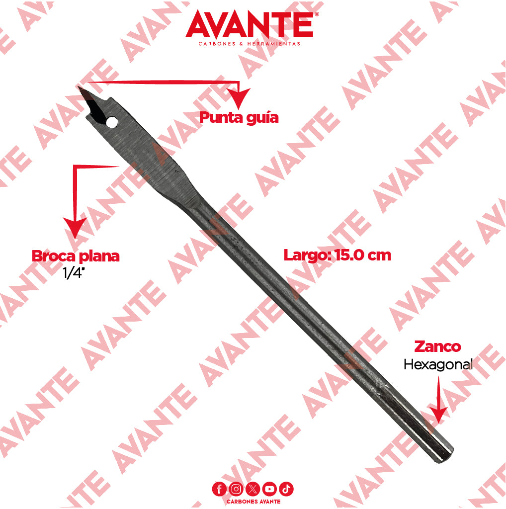 Broca Plana Avante Para Madera 1/4" Vástago Hexagonal - 1 Pieza