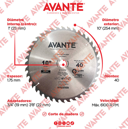 Sierra Circular Avante Para Madera 10" 40 Dientes (Carburo de Tungsteno) - 1 Pieza