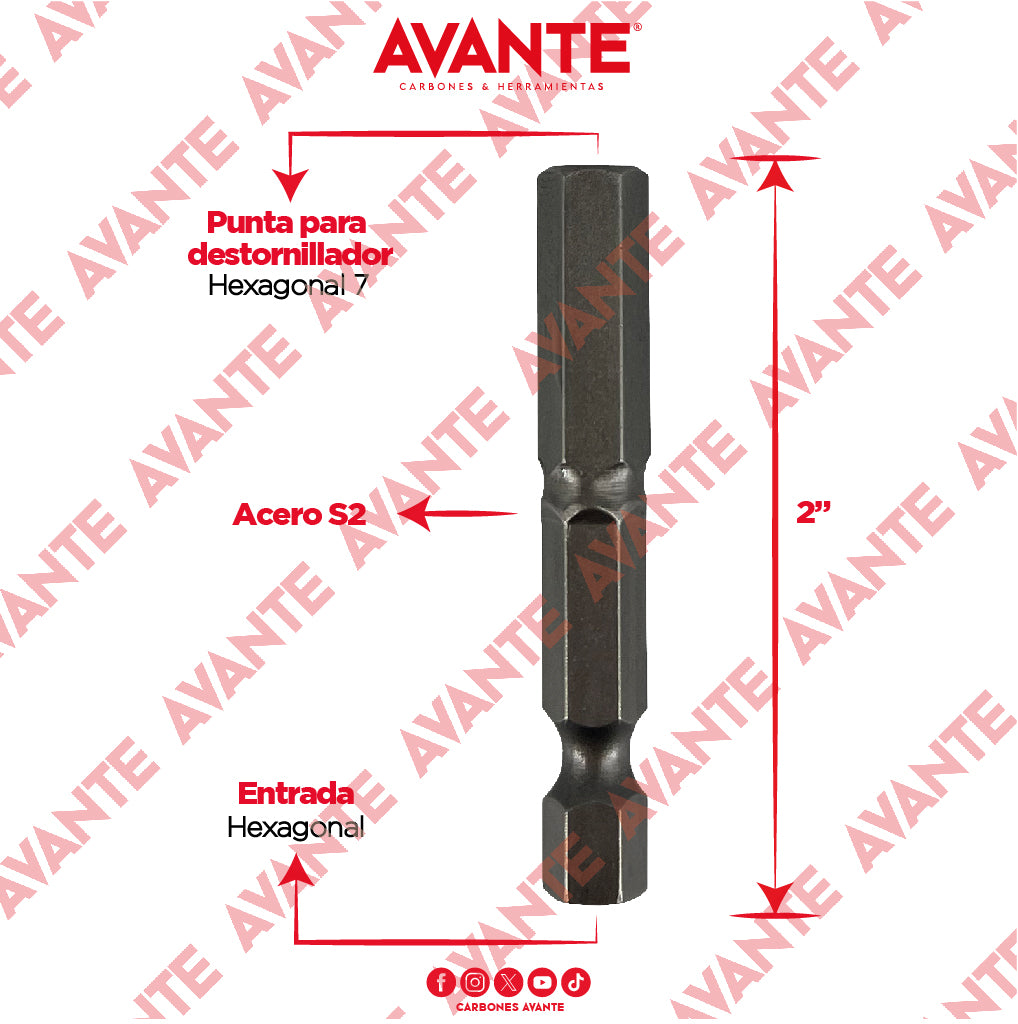 Puntas Magnéticas Avante Destornillador Hexagonal 7 Acero S2 - Paquete 10 Piezas