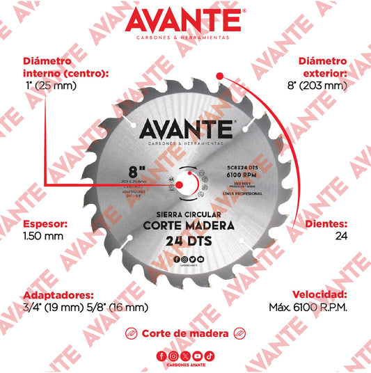 Sierra Circular Avante Para Madera 8" 24 Dientes (Carburo de Tungsteno) - 1 Pieza