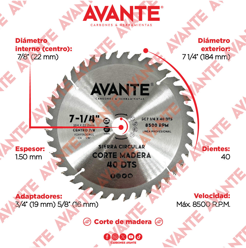 Sierra Circular Avante Para Madera 7-1/4" 40 Dientes (Carburo de Tungsteno) - 1 Pieza