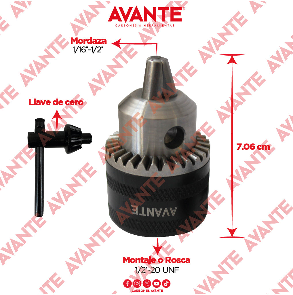 Broquero Profesional Avante Con Llave 1/2" x 1/2"-20 UNF (1.6-13mm) - 1 Pieza
