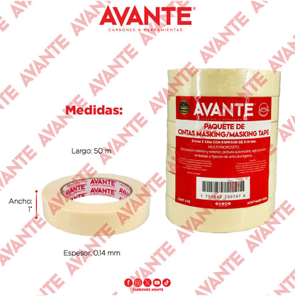 Cinta Avante Masking Tape Papel Crepado 1" x 50m - Paquete de 6 Piezas