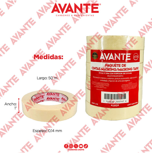 Cinta Avante Masking Tape Papel Crepado 1" x 50m - Paquete de 6 Piezas