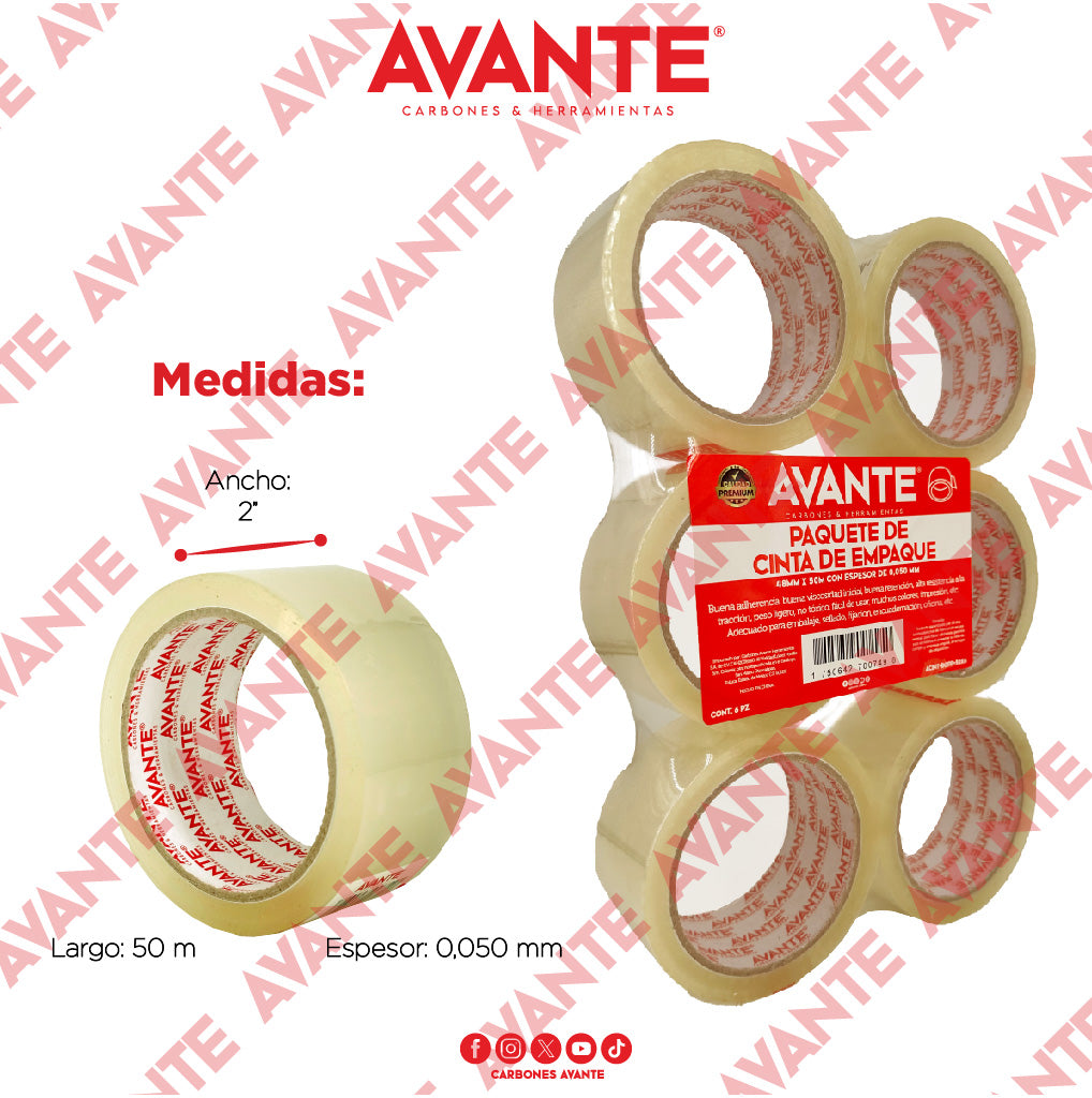 Cinta Avante De Empaque Transparente 2" x 50m - Paquete de 6 Piezas