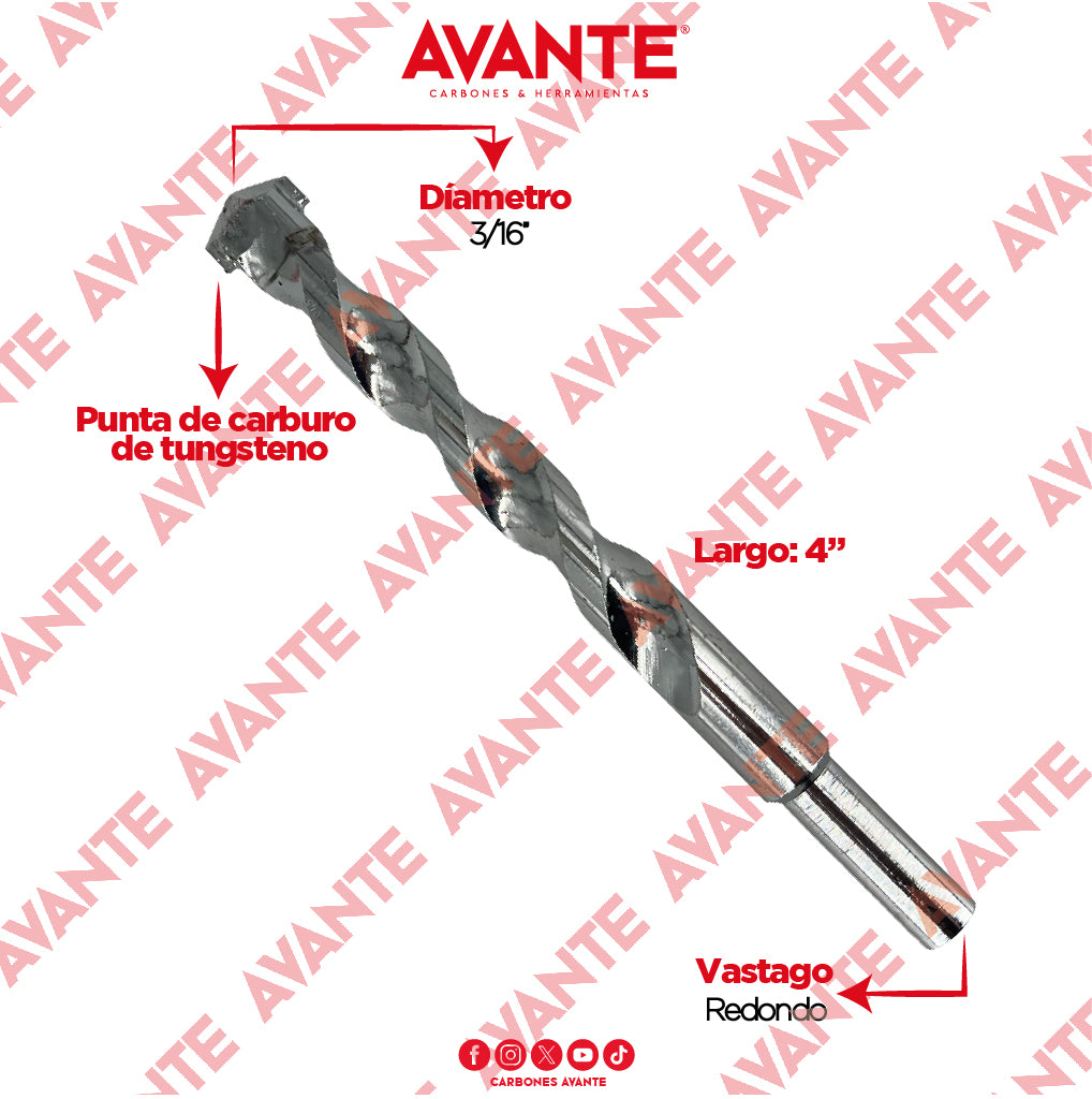 Broca Avante Para Concreto 3/16" x 4" Vástago P3 - Paquete 10 Piezas