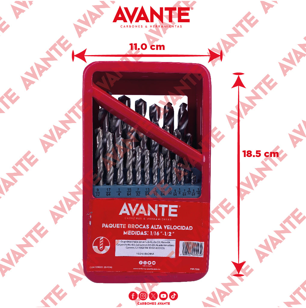 Paquete de Brocas Avante Alta Velocidad Acero M2 HSS (1/16" a 1/2") - 29 Piezas