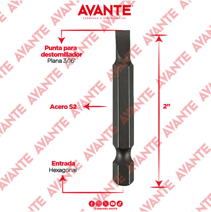 Puntas Magnéticas Avante Destornillador Plana 3/16" x 2" Acero S2 - Paquete 10 Piezas