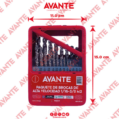 Paquete de Brocas Avante Alta Velocidad Acero M2 HSS (1/16" a 3/8") - 21 Piezas