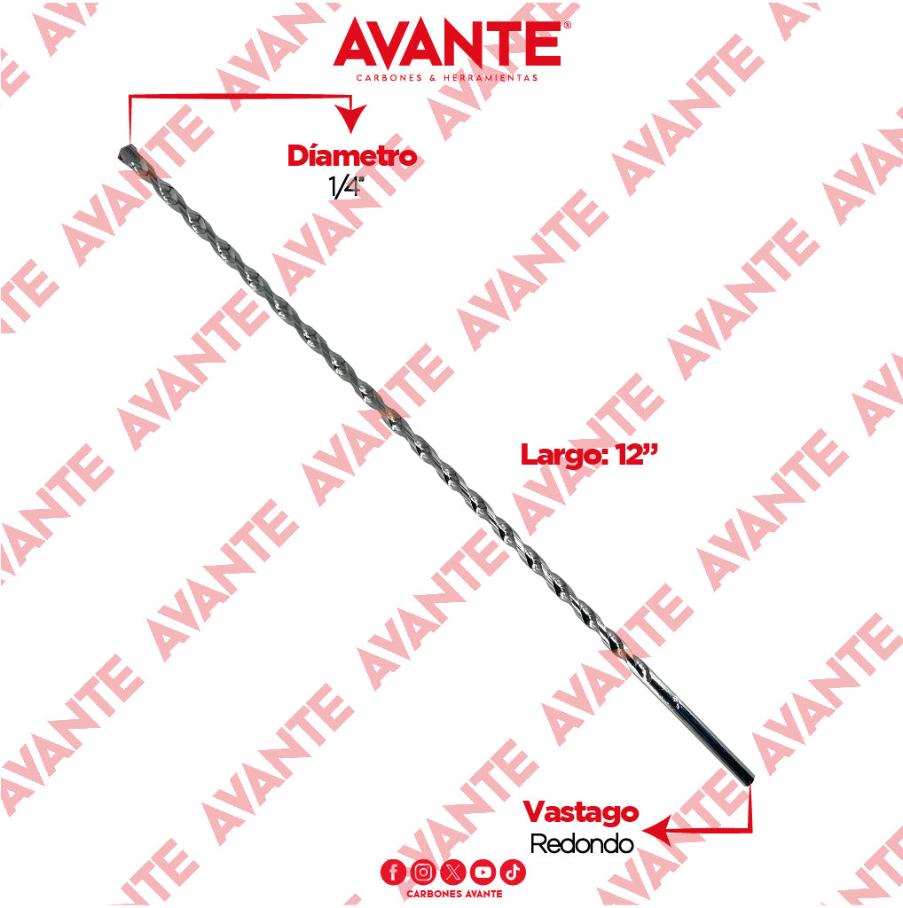 Broca Avante Para Concreto Larga 1/4" x 12" Vástago P3 - 1 Pieza