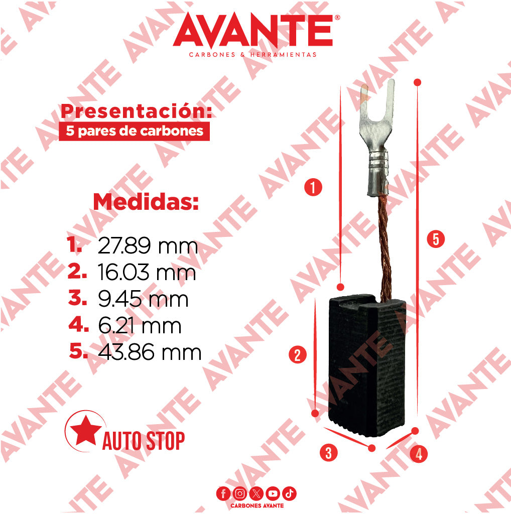Carbones Avante Para Taladro BOSCH 3/8" (CAP-14) - Paquete 5 Pares