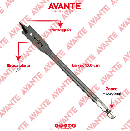 Broca Plana Avante Para Madera 1/2" Vástago Hexagonal - 1 Pieza