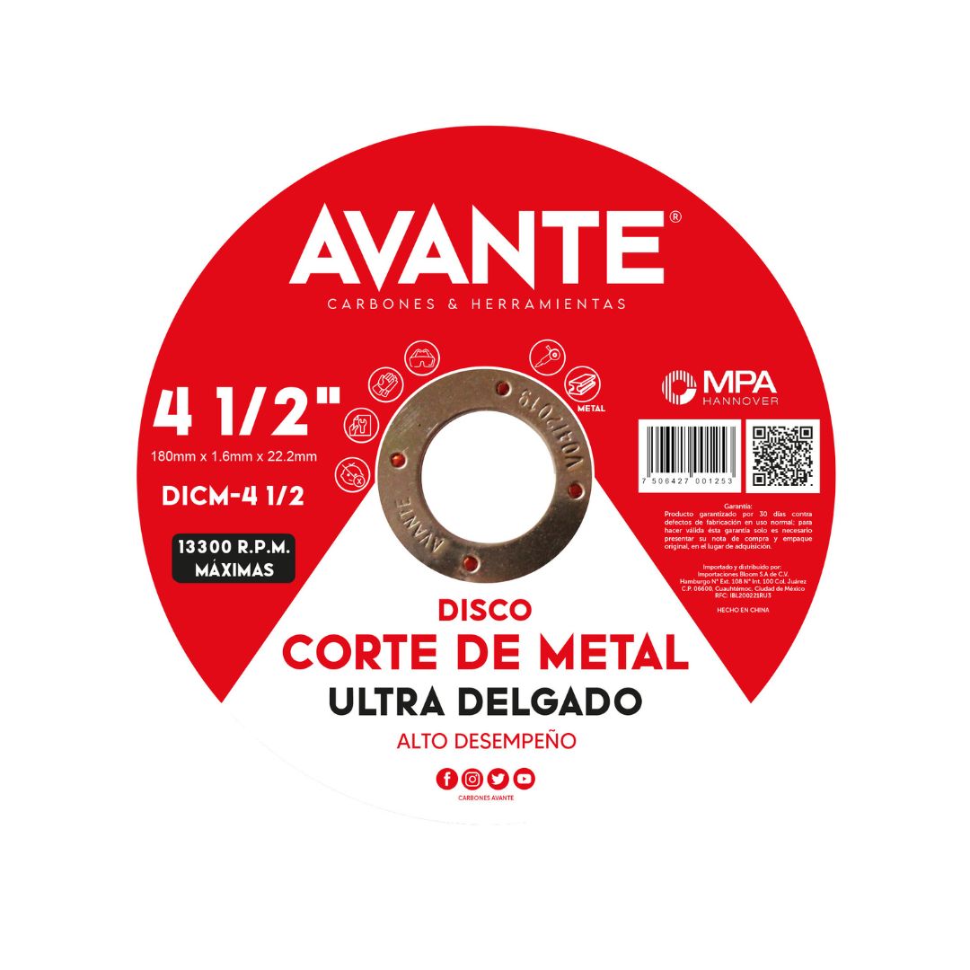 Disco Avante Ultra Delgado de Corte Para Metal 4-1/2" x 1.0mm (13000 RPM) - 1 Pieza