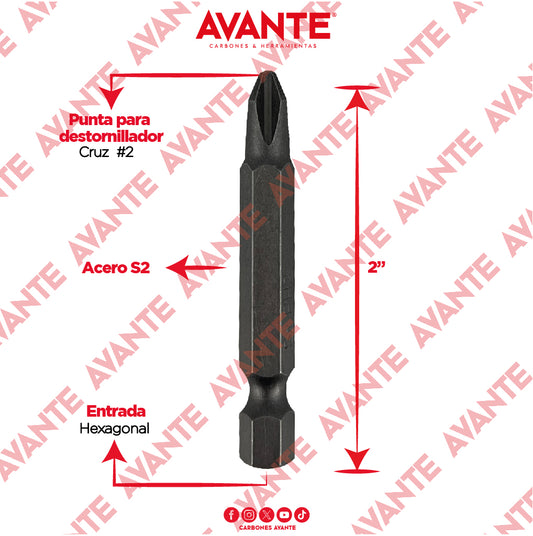 Puntas Magnéticas Avante Destornillador Cruz #2 x 2" Acero S2 - Paquete 10 Piezas